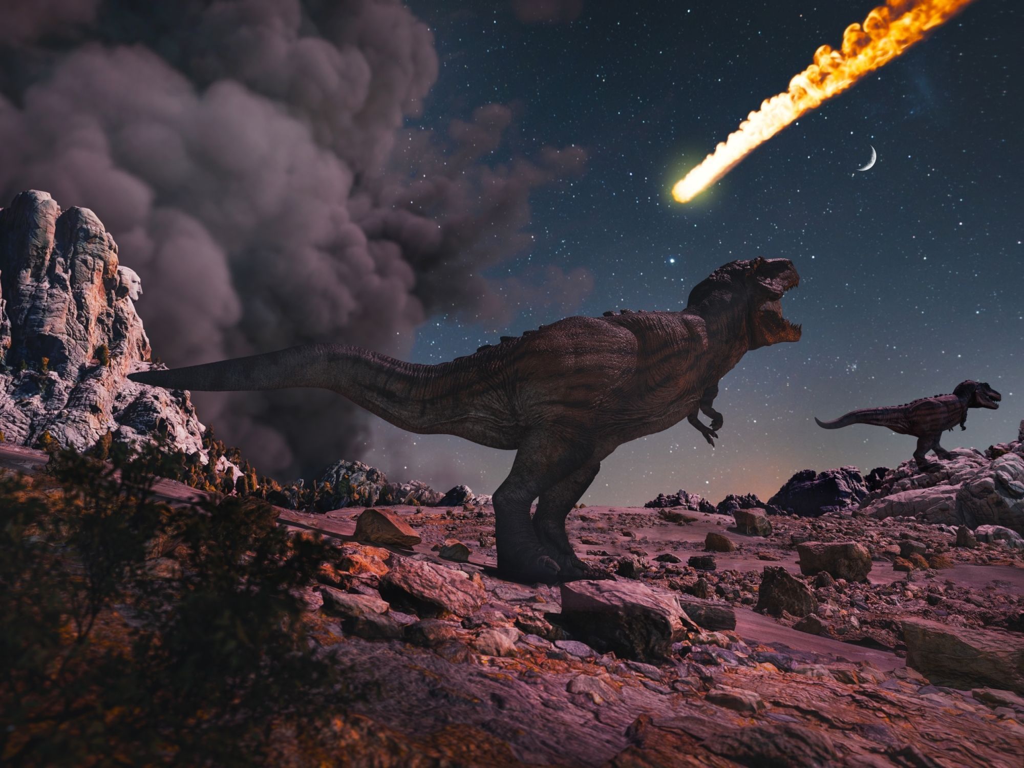 Dinosauři sledují dopad obrovského meteoritu, který způsobil jejich vyhynutí.