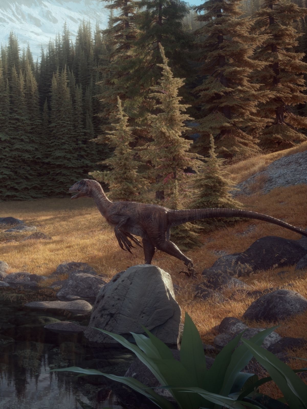 Dravý dinosaurus putuje pravěkým údolím obklopeným stromy a skalními útesy.