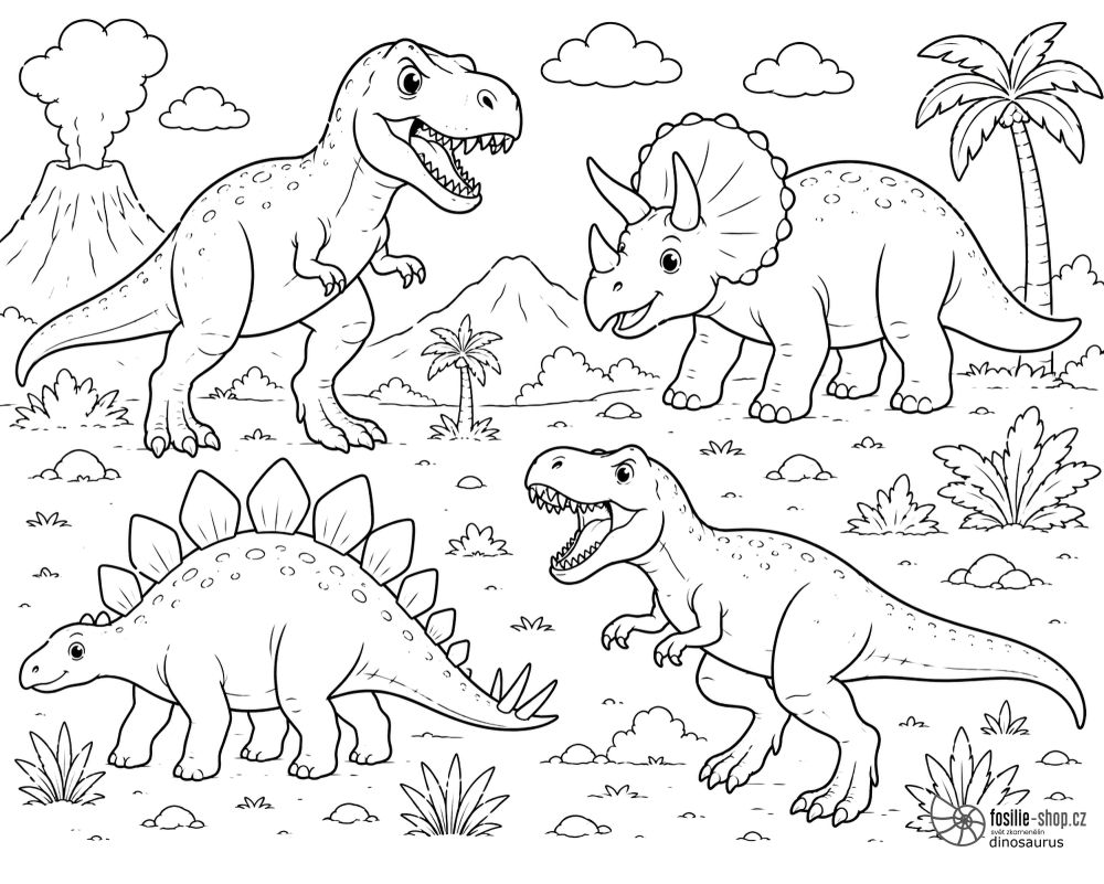 tyrannosaurus-triceratops-stegosaurus-omalovanky