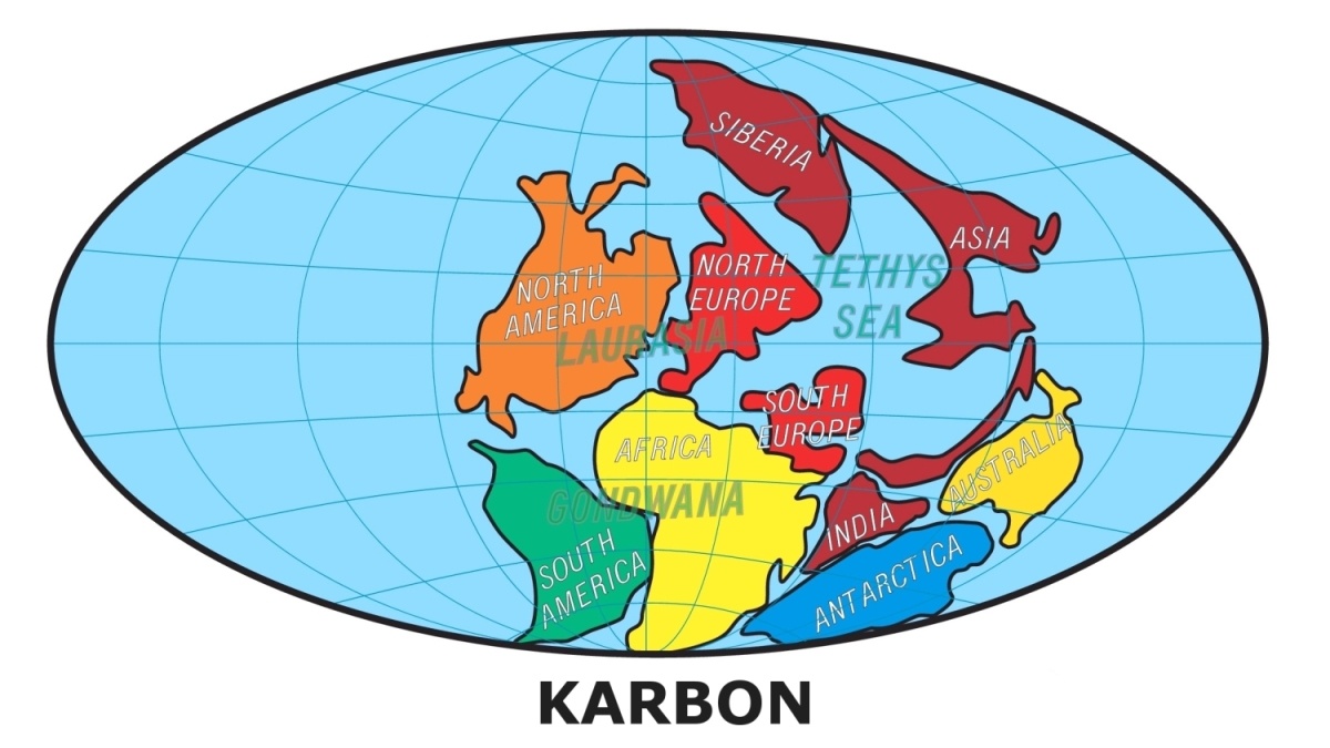 Země v karbonu se sbližujícími se kontinenty - Paleomapa.