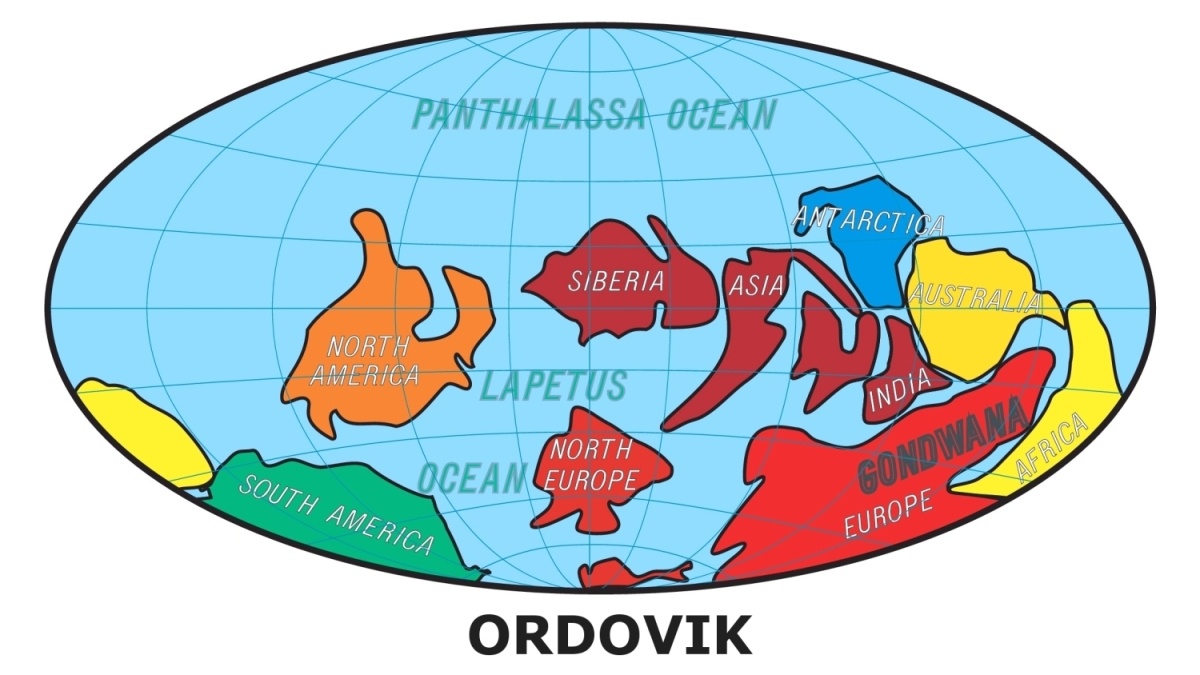 Paleogeografická podoba Země v ordoviku s Gondwanou.