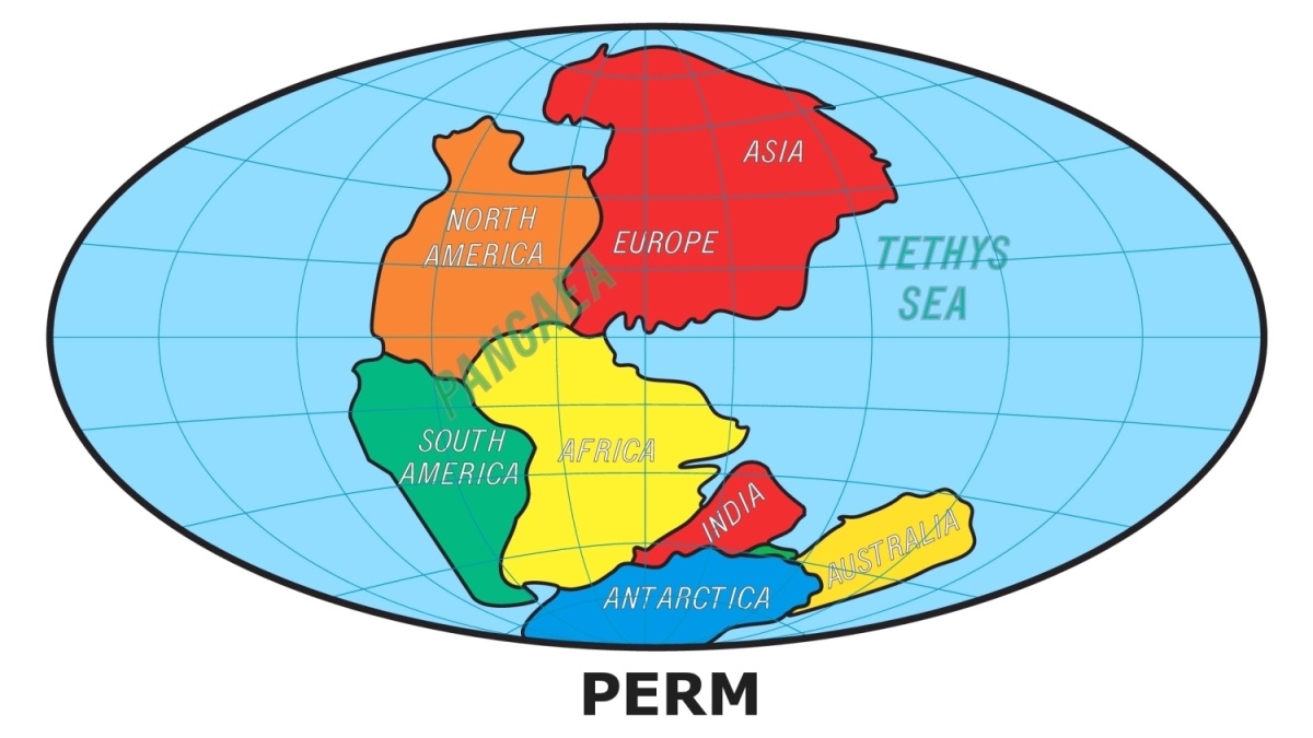 Paleogeografická mapa permu zobrazující vznik jediného superkontinentu.
