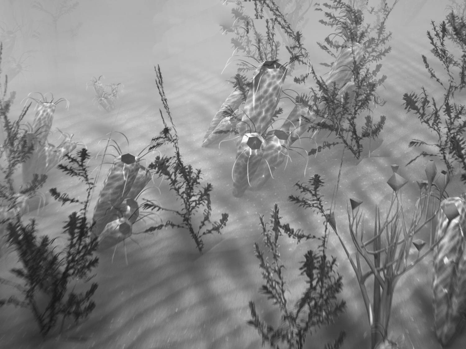 Fosilní horn korály na mořském dně devonu, scéna znázorňující období vymírání.