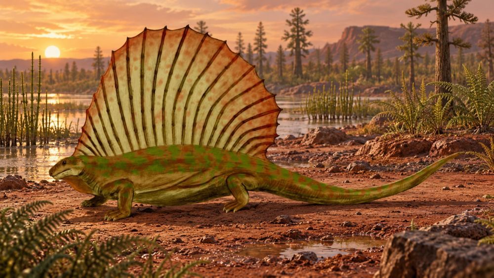 Edaphosaurus v pravěké krajině, Autor edaphosaurusa je Nobu Tamura pod licencí CC BY-SA 3.0, pozadí přídáno pomocí AI.