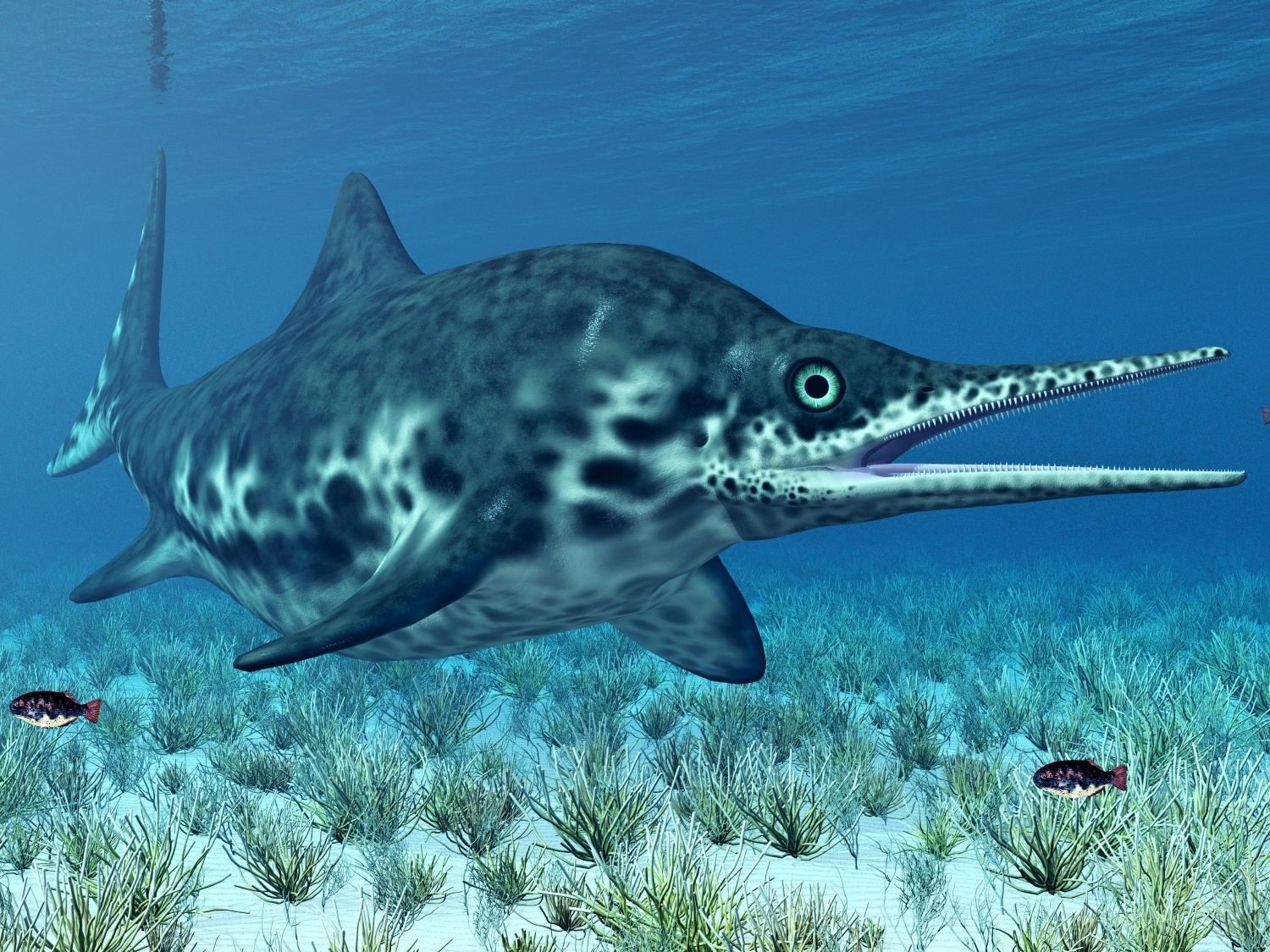 Obří ichtyosaur pluje u dna v oceánských hlubinách.