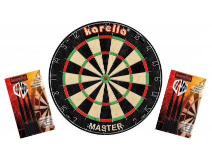 Sisalový šipkový terč Karella MASTER + 2 sety šipek Karella BlackStar 21 gr.