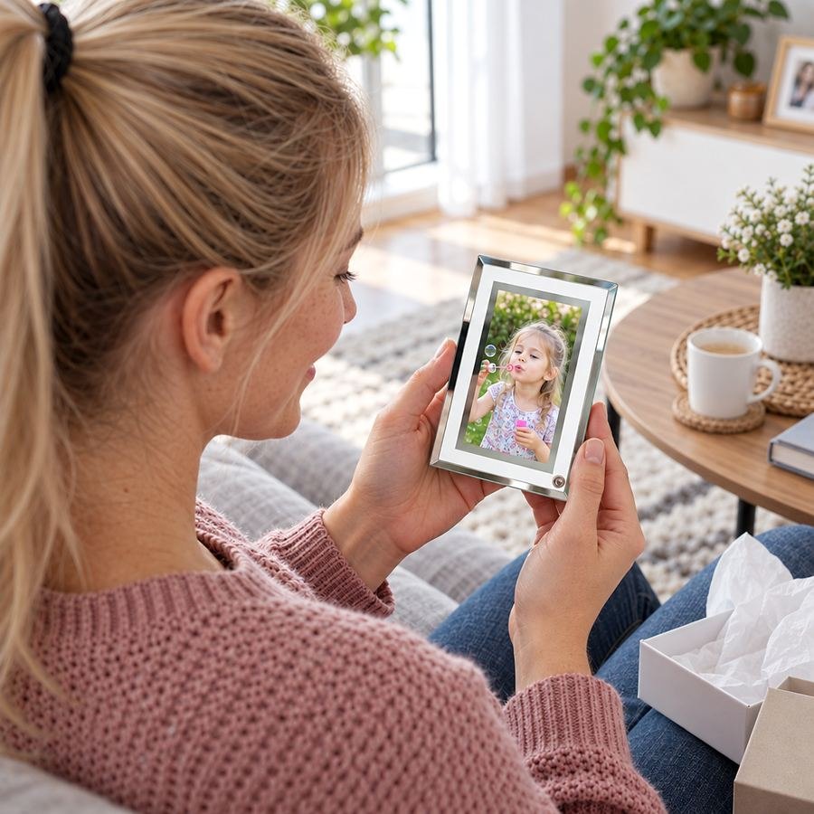Žena sa teší z hotového skla s fotkou dcérky