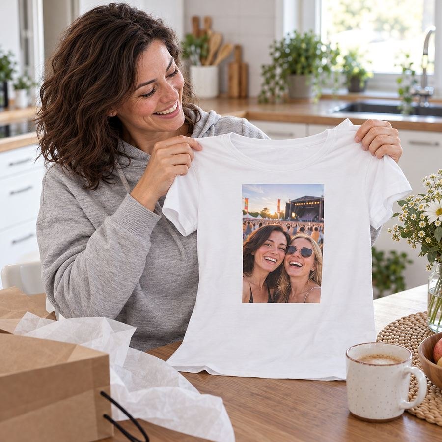Žena drží hotové tričko so svojou fotkou