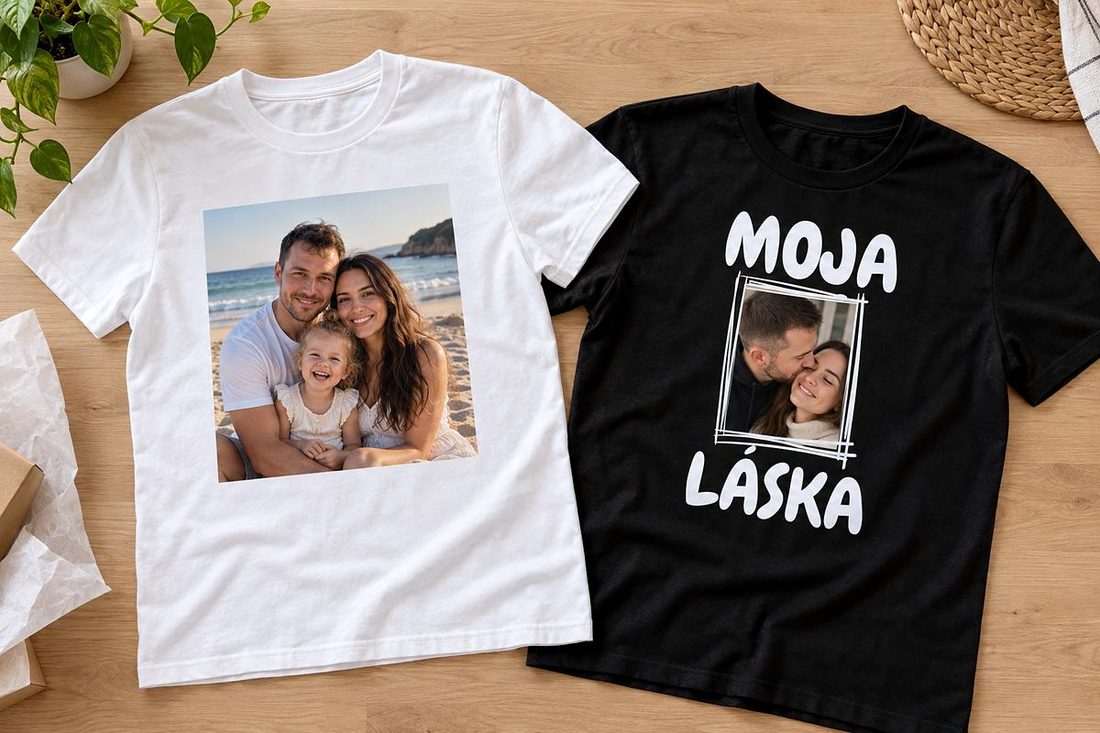 Biele tričko s fotkou a čierne tričko s rámikom Moja láska vedľa seba