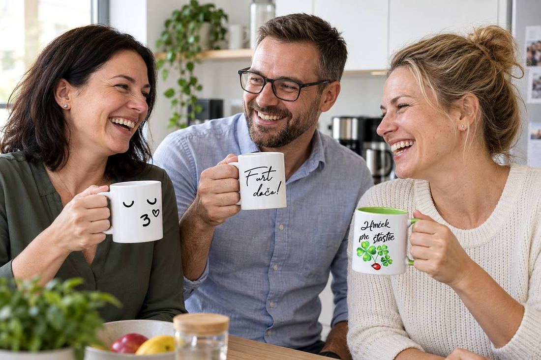 Kolegovia pri rannej káve s vtipnými hrnčekmi sa smejú
