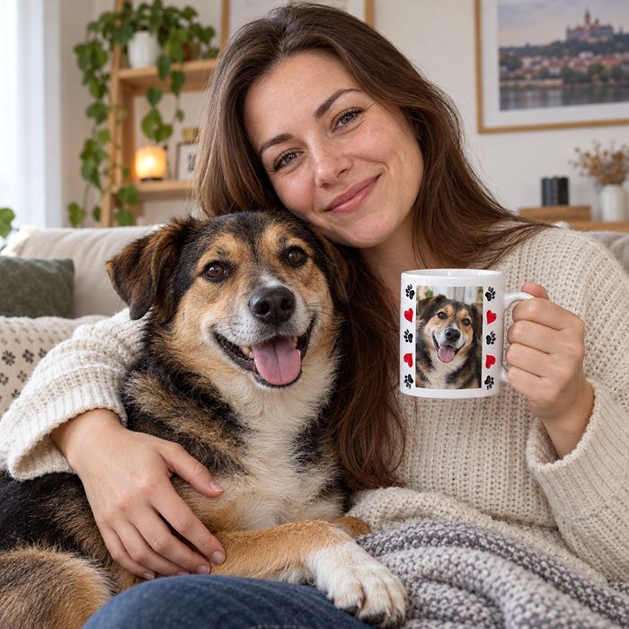 Žena so psom drží hrnček s rámikom labiek a fotkou svojho psa