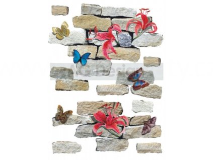 Samolepka na zeď F 1021 - Kamenná zeď s motýli, 65x85cm