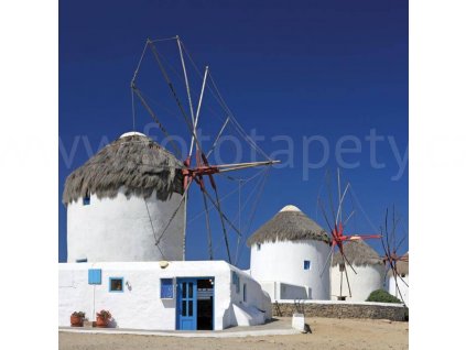 Třídílná vliesová fototapeta Větrné mlýny v Řecku, rozměr 225x250cm, MS-3-0208