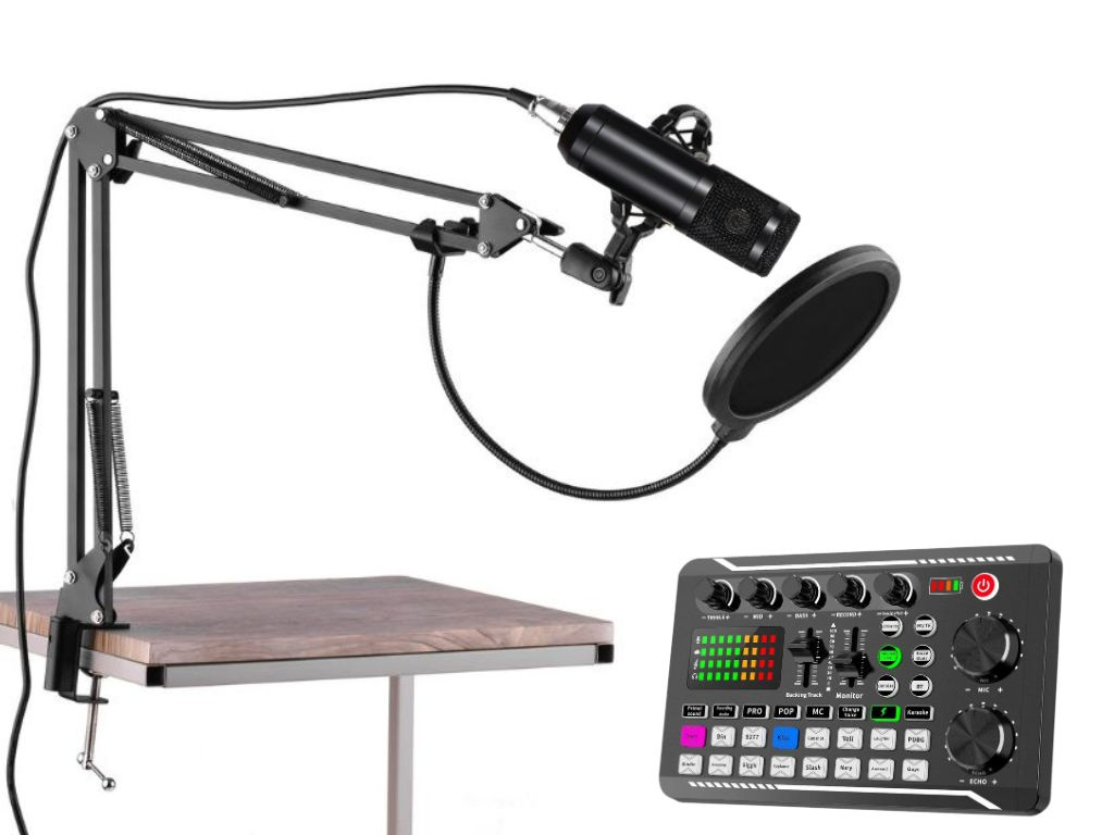 Sada Kondenzátorový Mikrofon s Flexibilním Držákem + Zvuková karta