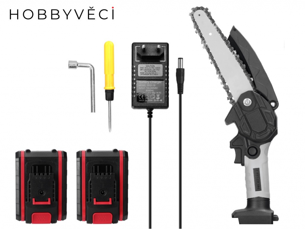 Ruční Řetězová Elektrická Pila AKU 15 cm lišta, 2x baterie, Šedá