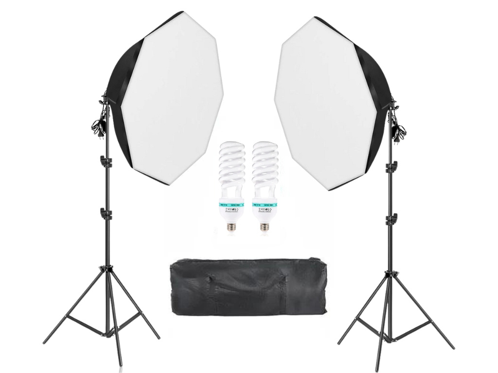 Foto Lampa Studio 2x Oktagon Softbox Světlo + 2x Stativ + 2x Žárovky, Octagon 270W