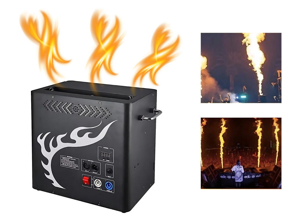 Trojhlavňový Viacsmerný Výrobník Ohňa Flamethrower Plameňomet Stage Projektor 300W Fire Spray Machine DJ Party DMX512 3 Hlavy