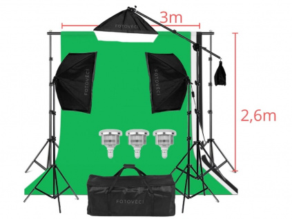 Výkonné Fotostudio 3x LED Softbox (22500lm) + Veľká Konštrukcia + 3x Pozadie 3x3 m