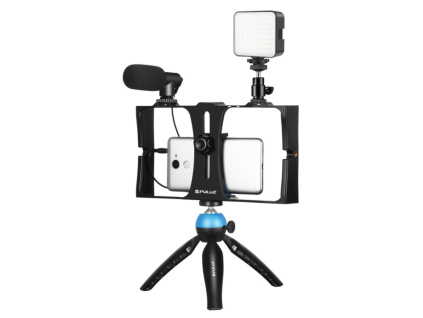 Puluz Držák na Telefon Klec, Mikrofon, Mini LED Světla, Tripod, Bluetooth spoušť Smartphone Video Rig Vlog Set
