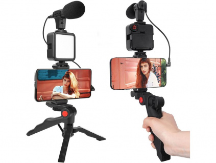 Držiak na Telefón, Mikrofón, Mini LED Svetlo, Tripod, Smartphone Video Vlog Set Kit Live Stream