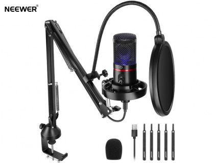 Neewer Sada Kondenzátorový Mikrofón s Osvetlením a Flexibilným Držiakom 4v1 ASMR Plug&Play