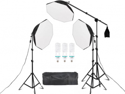 Výkonné Fotostudio 3x Oktagon Softbox Světlo Stativ Spirál Žárovky 405W