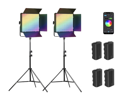 Set 2x RGB LED Svetlo Panel 45W + Statív + Mobilná Aplikácia na Ovládanie + 4x 4400mAh Batéria s Nabíjačkou