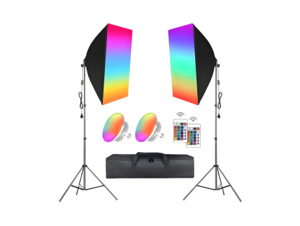 RGB Farebná Foto Lampa Štúdio 2x LED Softbox Svetlo + 2x Statív + 2x Diaľkový Ovládač (9000lm)