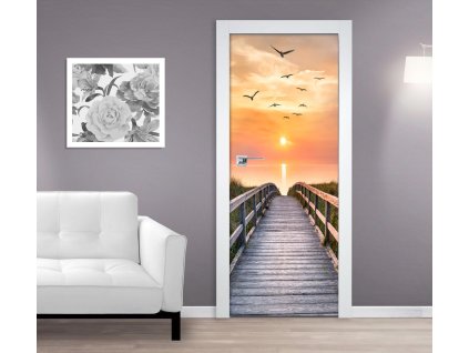 Samolepící fototapeta na dveře Molo se západem slunce a ptáky