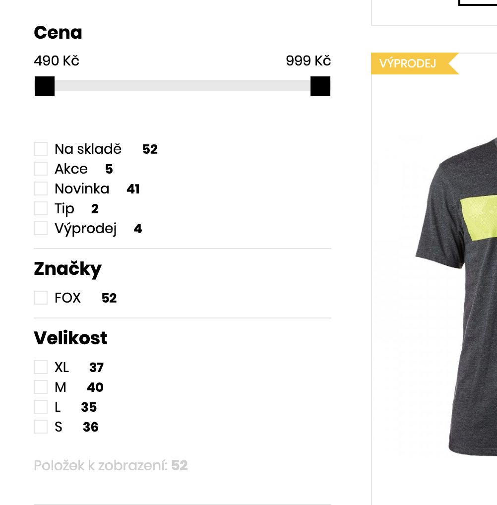 Nově můžete filtrovat zboží i podle velikosti