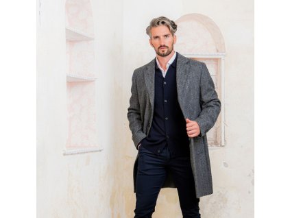 Owen Mid Length Coat Model Charcoal Wide Herringbone 1