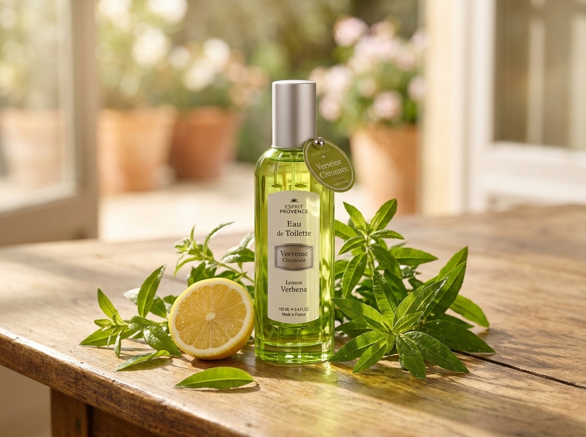 Skleněný flakon toaletní vody Esprit Provence Citrónová verbena na dřevěném stole u okna, kolem čerstvé lístky verbeny a půlka citronu