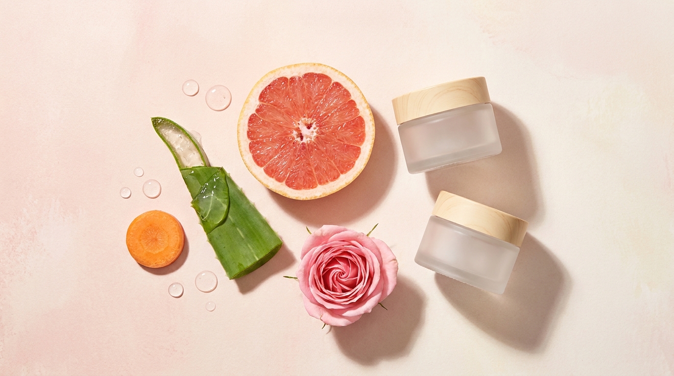 Rostlinné složky francouzské péče Evoluderm — půlka růžového grapefruitu, list aloe vera, plátek mrkve, růžový květ a dvě neoznačené kelímky s krémem na jemně růžovém pozadí