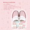 Royale Garden - sada tělové péče a pantoflů, 5 ks  dámská květinová sada s produkty pro nohy a tělo a růžových, teplých pantoflů