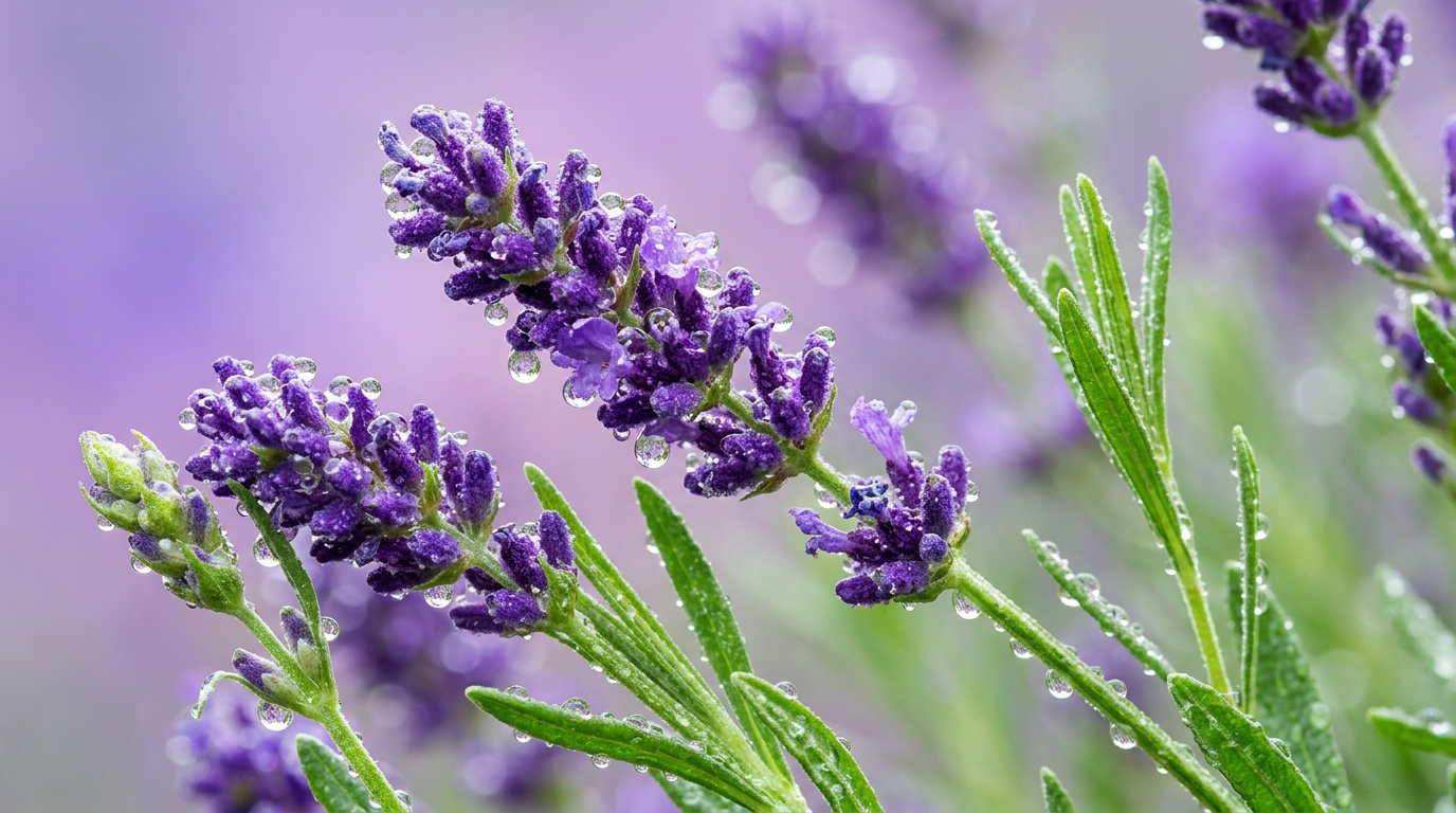 Macro cu o floare de lavandă acoperită de rouă