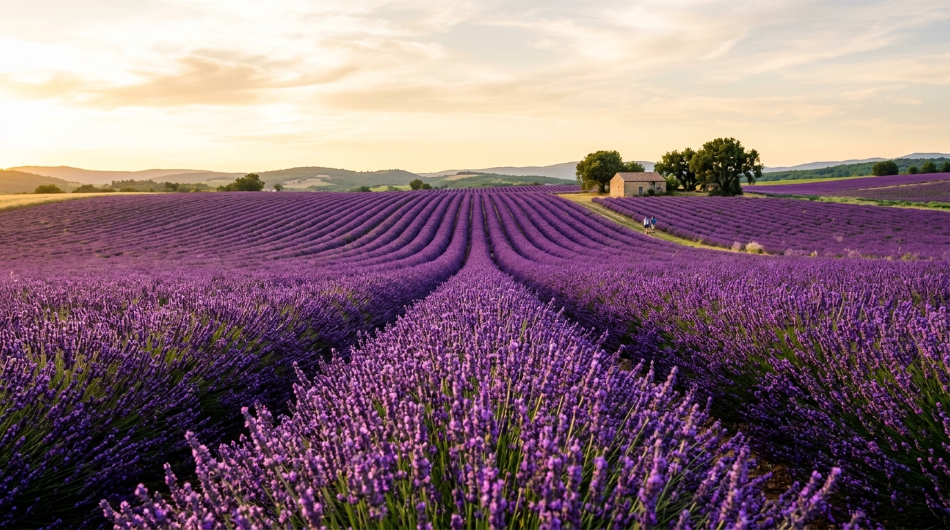 Câmp de lavandă din Provence în lumină aurie