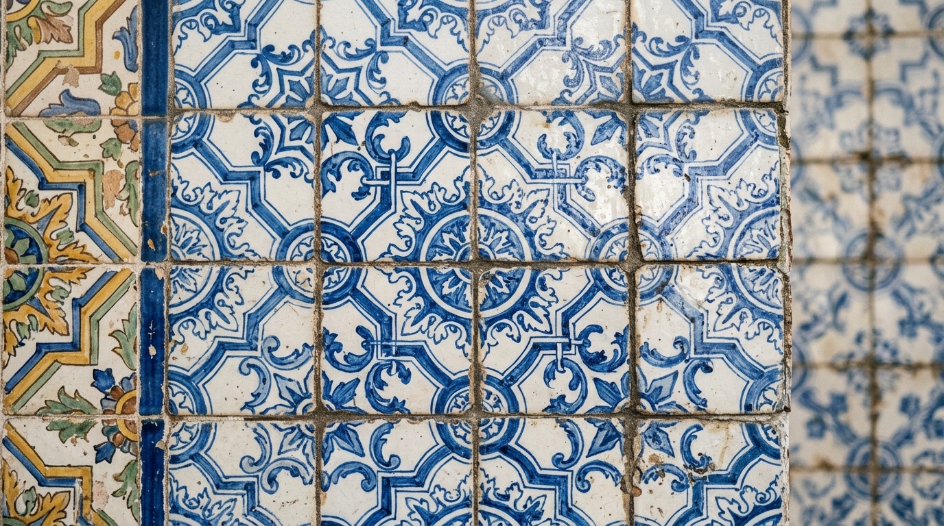Detaliu al unei fațade portugheze acoperite cu plăci azulejo alb-albastre cu model geometric
