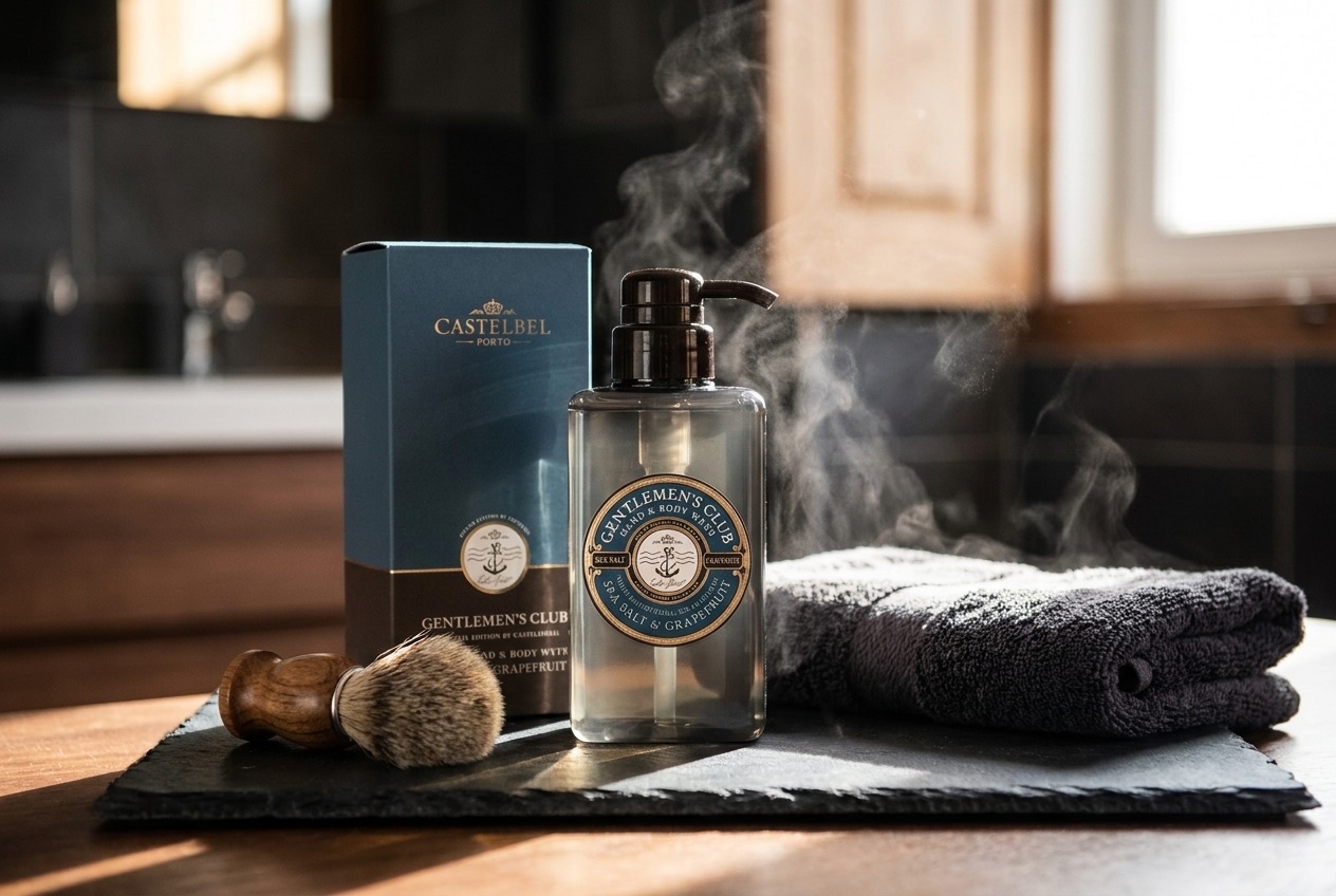 Detaliu cu produsele pentru bărbierit Portus Cale Black Edition pe o suprafață închisă de piatră, lângă un pămătuf de ras