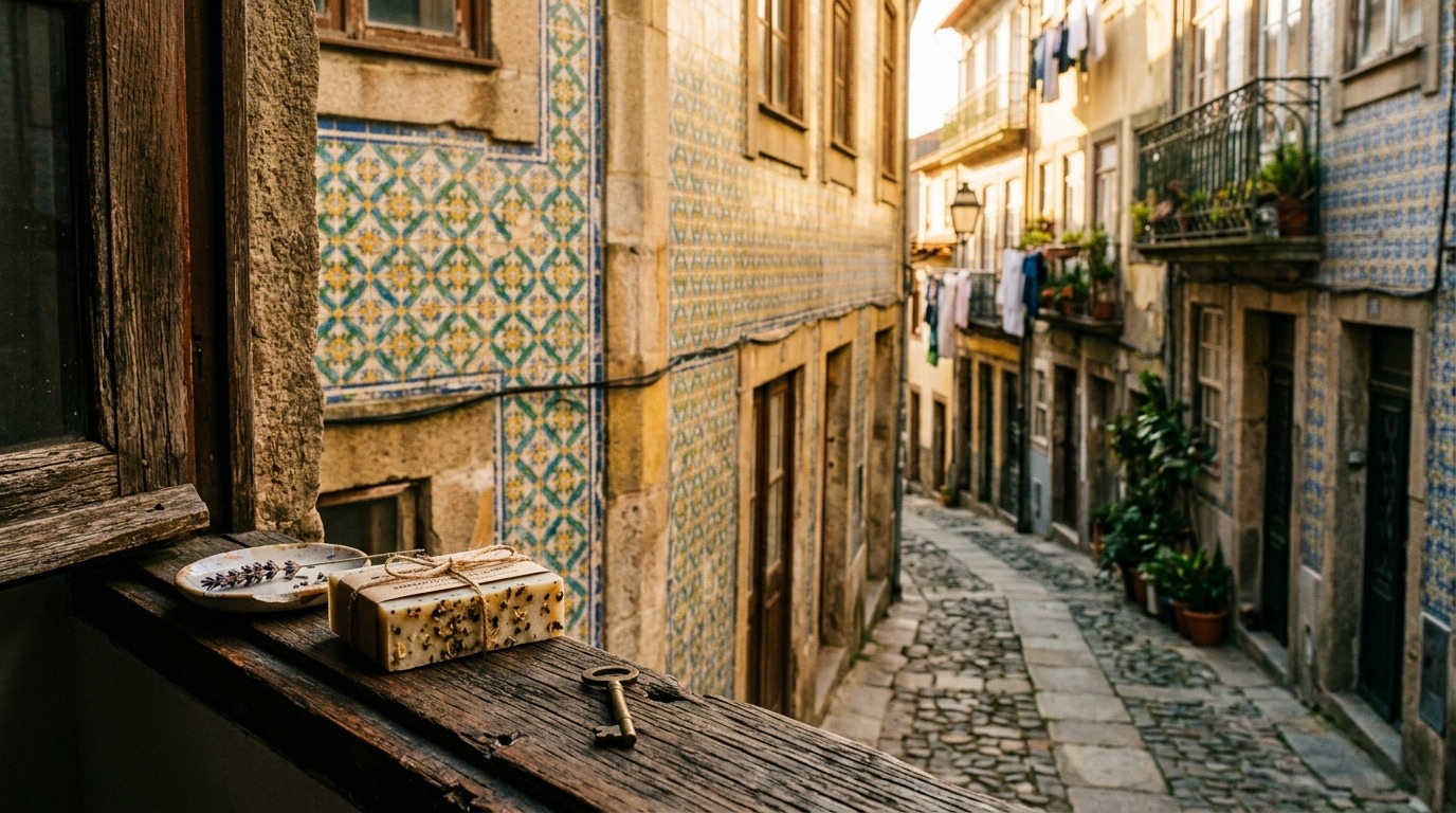 Stradă portugheză cu plăci azulejo și săpun artizanal pe un pervaz de lemn