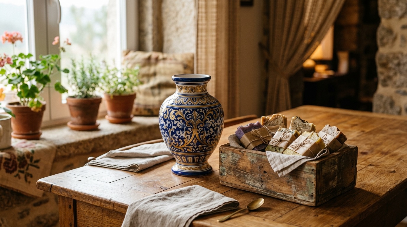Recipient ceramic pictat manual Portus Cale și cutie de lemn cu săpunuri pe o masă lângă fereastră