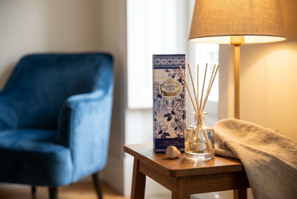 Difuzor ceramic Portus Cale pictat manual, cu model de azulejos, pe o măsuță de lemn