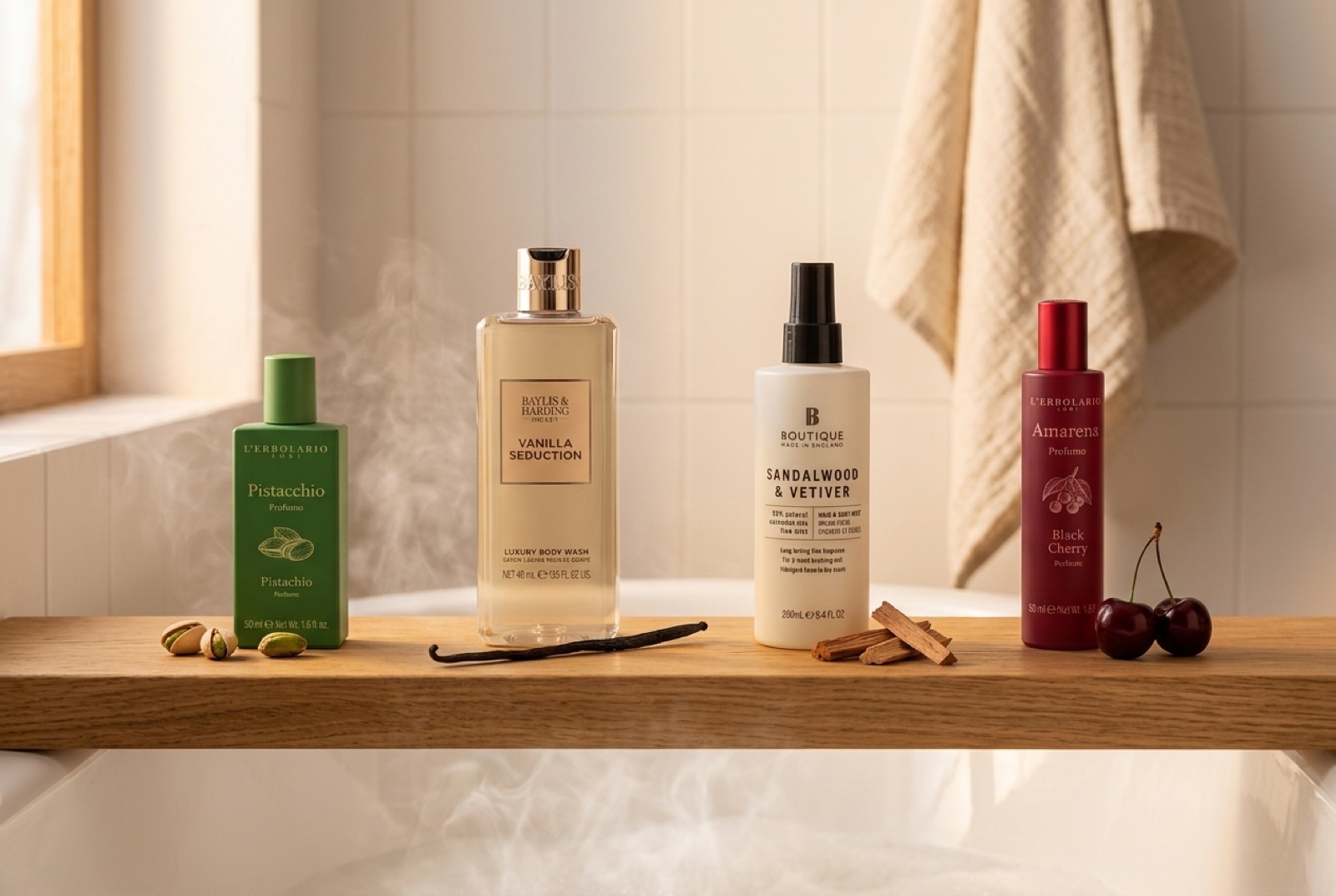Patru game de toamnă pe o poliță de lemn: parfumul Pistachio, gelul de duș Vanilla Seduction, spray-ul de corp Sandalwood & Vetiver și parfumul Black Cherry