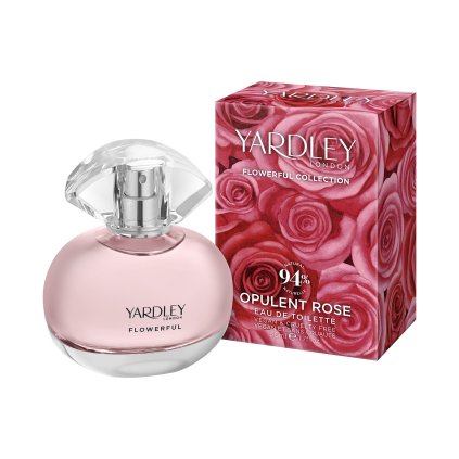Yardley Flowerful EDT Opulent Rose Bottle and Carton 50ml Angled UPR
