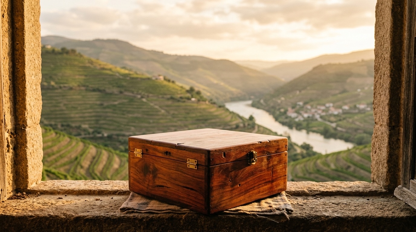 Drevený box Portus Cale Ruby Red na parapete s výhľadom do zeleného údolia
