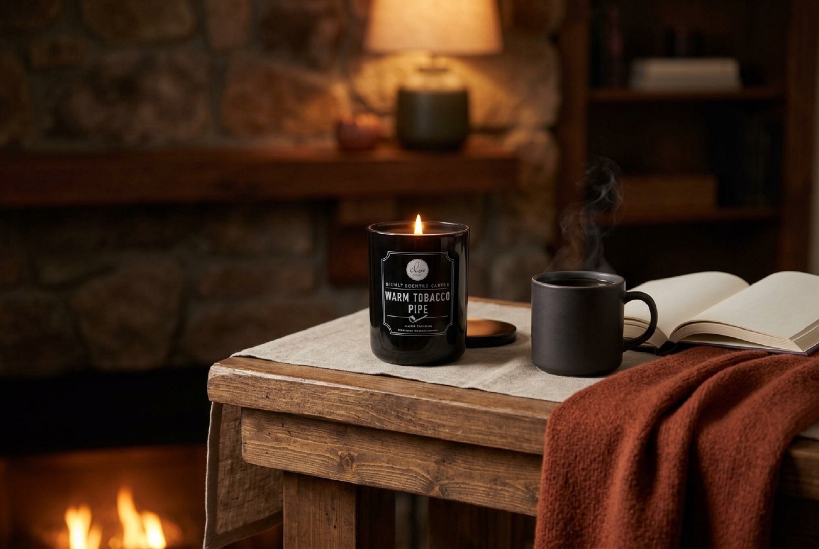 Sviečka Warm Tobacco Pipe od DW Home horí na krbovej rímse vedľa pohára whisky a rozčítanej knihy, teplé večerné svetlo