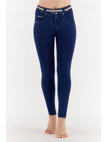 N.O.W.® Freddy kalhoty v džínově tmavě modré, modrý šev, slim fit, s páskem