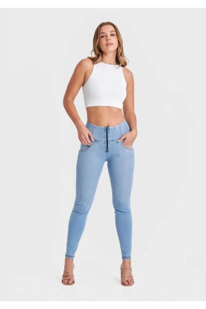 wr upr snug jeans high waisted full length light blue yellow stitching pants 5