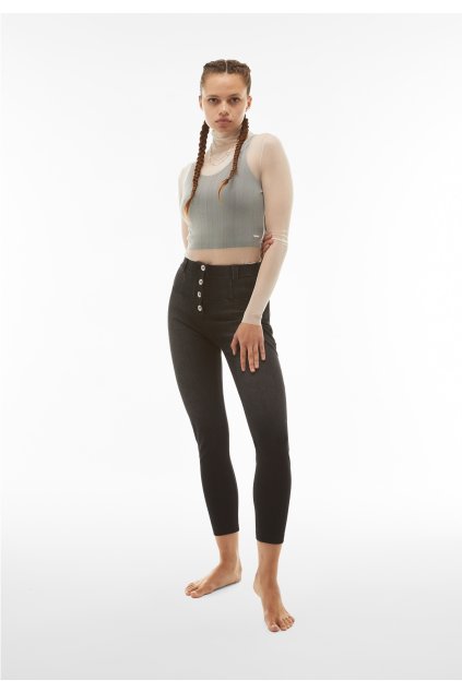 Džínsy WR.UP® s veľmi vysokým pásom v štýle bustier (Farba Čierne denim - prešívanie v tóne, Veľkosť XL)