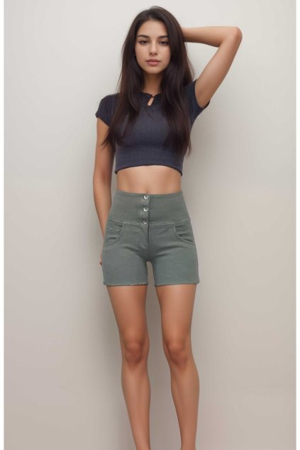 WR.UP® SNUG denim kraťasy zelené, vysoký pás gombíky RE(MOVE), WRUPSNUG9HS321, V135