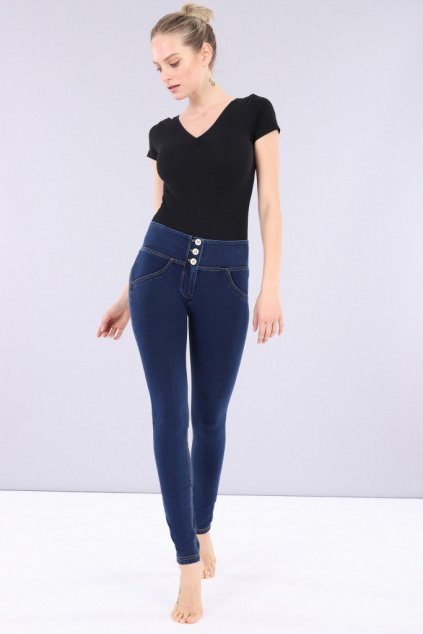 WR.UP® tm. modré nohavice so žltym šitím, mid waist pás, gombíky WRUP1MC002, J0Y (Veľkosť M)